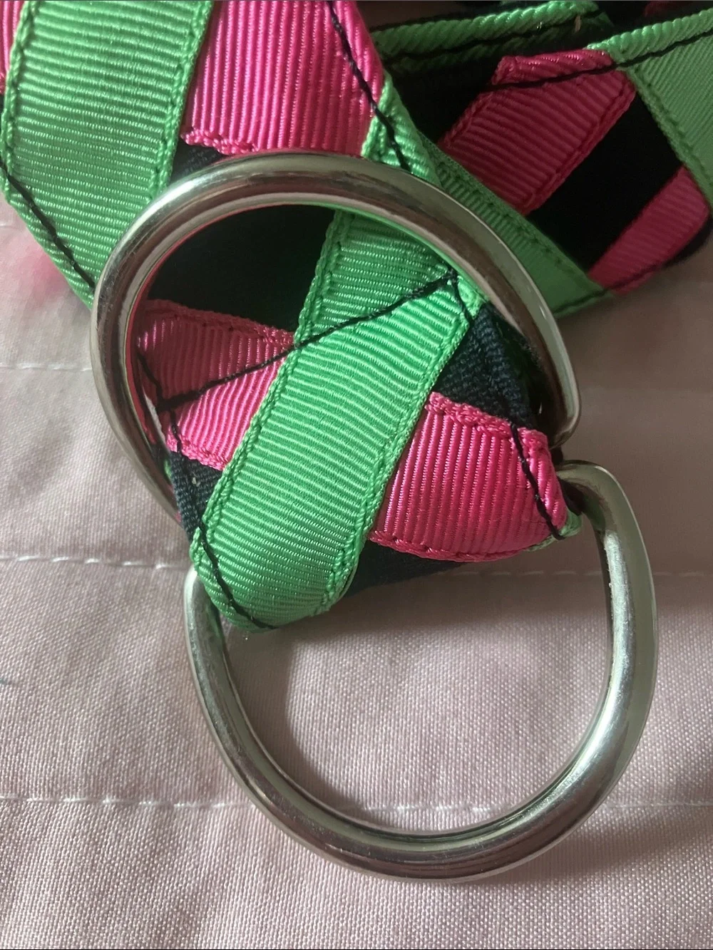 Super preppy green & pink grosgrain ribbon belt M